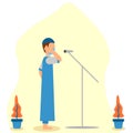Flat illustration vector graphic of man call to prayer during Ramadan wearing mask