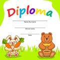 Diploma template for kids.The cartoon a bunny with carrots and a bear with a barrel of honey.