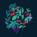 Flat illustration of vegetables on a dark green background. Cherry tomato bush, eggplant, basil and herbs. Vegetable garden