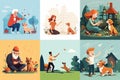 Flat illustration Woman and man, children, old people play with a dog. People of different ages play with a dog. Royalty Free Stock Photo