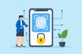 Flat illustration of woman using biometric authentication methods fingerprint scanning to enhance security measures