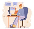 Flat illustration about work at home and freelance. The girl works at home. Pets. Working at a computer online, chatting with frie