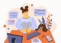 Flat illustration about work at home and freelance. The girl works at home. Pets. Working at a computer online, chatting with frie