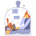 Flat illustration about work at home and freelance. The girl works at home. Pets. Working at a computer online, chatting with frie