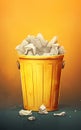 Flat illustration of yellow basket full of crumpled paper, on yellow background