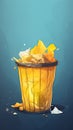 Flat illustration of yellow basket full of crumpled paper, on blue background