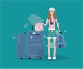 Flat illustration of young girl with baggage. Traveling design.