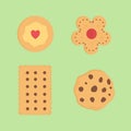 flat illustrations of butter cookies, flower shapes, rectangles, rounds and chocolate chocochips Royalty Free Stock Photo