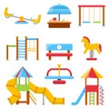 Flat illustrations of kids playground with various equipment