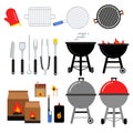 Flat illustrations set for bbq party. Different barbecue tools. Meat, grilling, knifes