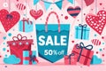 Flat illustrator, Sale 50 Off For Love Sale Banner Valentine Festival. Generative AI