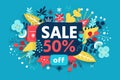 Flat illustrator, Sale 50 Off For Love Sale Banner Valentine Festival. Generative AI