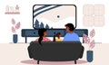 Flat ilustration character of family watch tv together at home. Family sitting on sofa watch film vector ilustration.