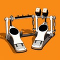 Flat image of drum pedals on orange background. Simple vector image of drum pedals. Digital illustration.