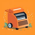 Flat image of a garden shredder on an orange background. Simple vector image of a garden shredder. Digital illustration.