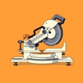 Flat image of a miter saw on an orange background. Simple vector image of a miter saw. Digital illustration.