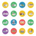 Flat industrial buildings and factories icons