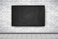 Flat Interior with empty black chalkboard on white brick wall, wooden gray floor. Trendy loft room scenery background, gallery Royalty Free Stock Photo