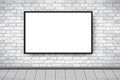 Flat Interior with empty white picture frame on gray brick wall. Trendy loft room scenery background, fashion gallery Royalty Free Stock Photo