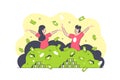 Flat isolated smiling man and woman swimming in green money. Royalty Free Stock Photo