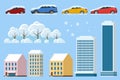 Flat isolated winter icons snowy car, snowdrift, house, office, snowy tree. Cars covered in snow on a road during