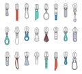 Flat isolated zipper pullers. Various puller for zippers, tailor equipment. Pulls for bag, jeans, jacket and clothes