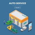 Flat isometric auto car repair service building ve