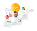 Isometric concept illustration. idea lamp on paper roll of investment business analysis data