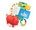 Isometric concept illustration. smartphone put money into piggy bank analyst