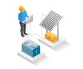 Flat isometric concept illustration. technician installing solar panels