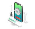 Flat isometric concept illustration. web application smartphone maintenance process