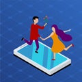 Flat isometric couple date on smartphones vector illustration. isometry virtual mobile love and dating app concept. Man