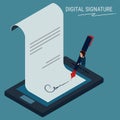 Flat Isometric. Digital signature , businessman sign on smartphone.