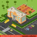 Flat isometric Education school building bus