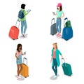 Flat isometric girls with baggage suitcase smartph