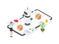 Flat Isometric illustration of AI robot assists woman in product selection on mobile e commerce platform, providing personalized Royalty Free Stock Photo