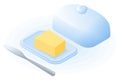 Flat isometric illustration of butter dish with lid and knife.