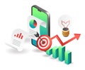 Isometric illustration concept. Analyzing investment business data on smartphone