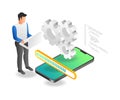 Flat isometric illustration concept of man maintaining update application