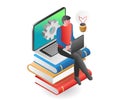 Isometric illustration concept. online learning process on a pile of books Royalty Free Stock Photo