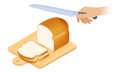 Flat isometric illustration of cutting board, loaf of bread, knife. Royalty Free Stock Photo