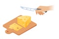 Flat isometric illustration of cutting board, peice of cheese, k