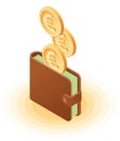 Flat isometric illustration of euro coins droping into wallet wi Royalty Free Stock Photo