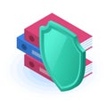 Flat isometric illustration of folders with documents hide behind the shield. Royalty Free Stock Photo