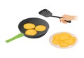 Flat isometric illustration of pan with pancakes, hand, spatula.