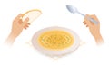 Flat isometric illustration of full plate with soup, spoon, bread.