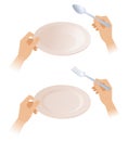 Flat isometric illustration of hands holding empty plates, spoon