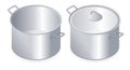 Flat isometric illustration of kitchen pan, pot with lid.