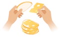 Flat isometric illustration of hands making the cheese sandwich.