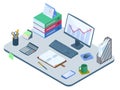 Flat isometric illustration of office workplace. Vector work desk concept. Royalty Free Stock Photo